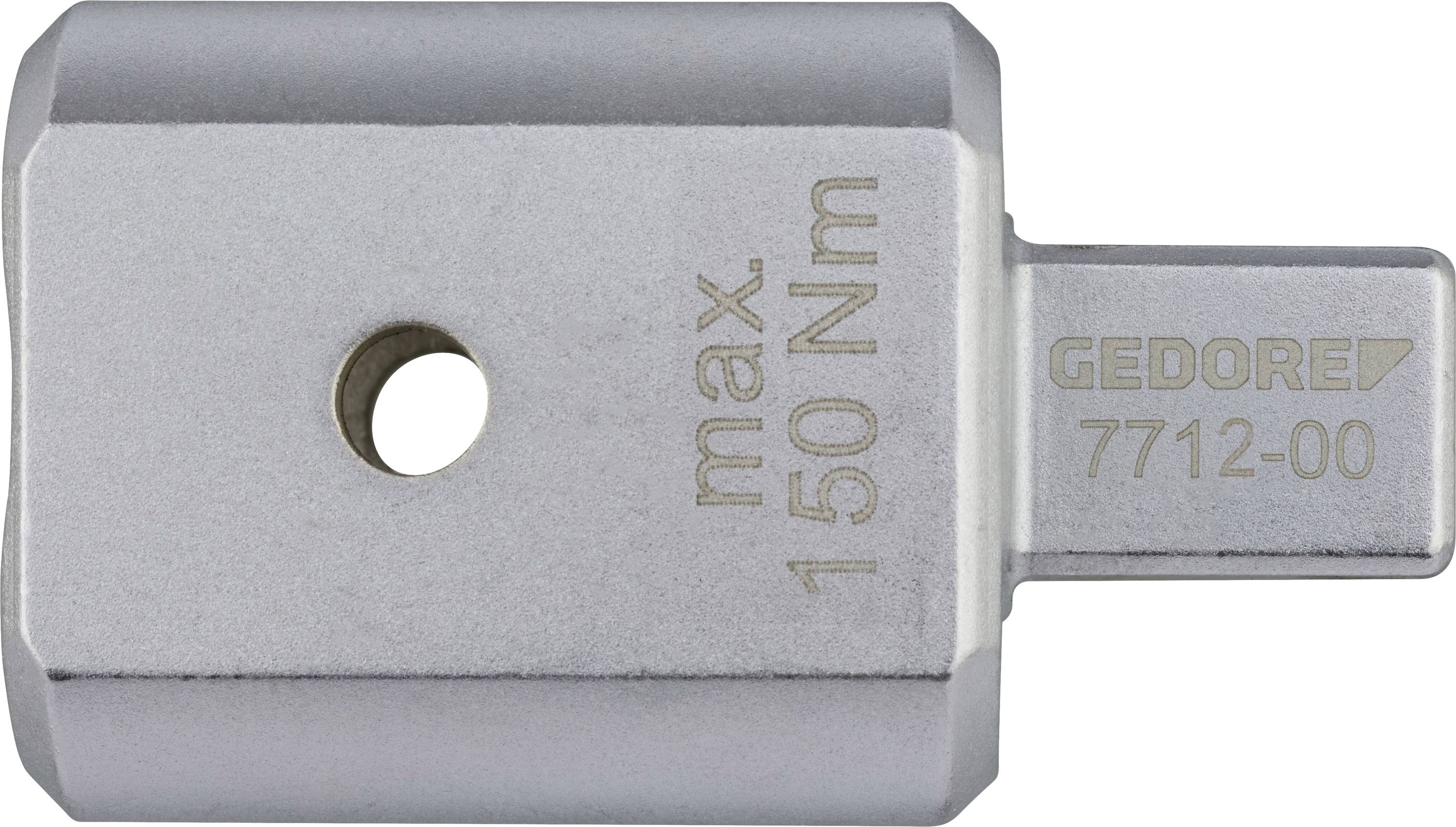 Ezüst nyomatékadapter, „max. 150 Nm" felirattal, központi furattal rendelkezik, mechanikai alkalmazásokhoz használatos. Márka: GEDORE.