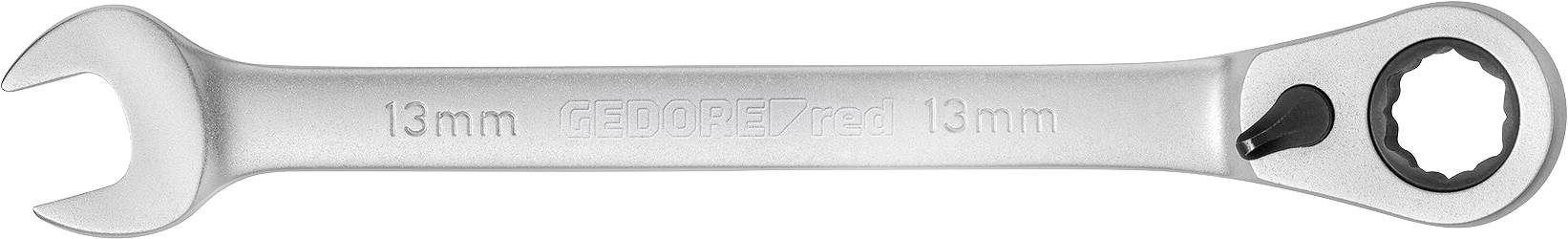 Egy 13 mm-es kombinált villáskulcs, amelynek az egyik oldalán nyílt végű, a másik oldalán pedig racsnis gyűrűs végű, sokoldalúan használható a csavarok meghúzásához vagy meglazításához.