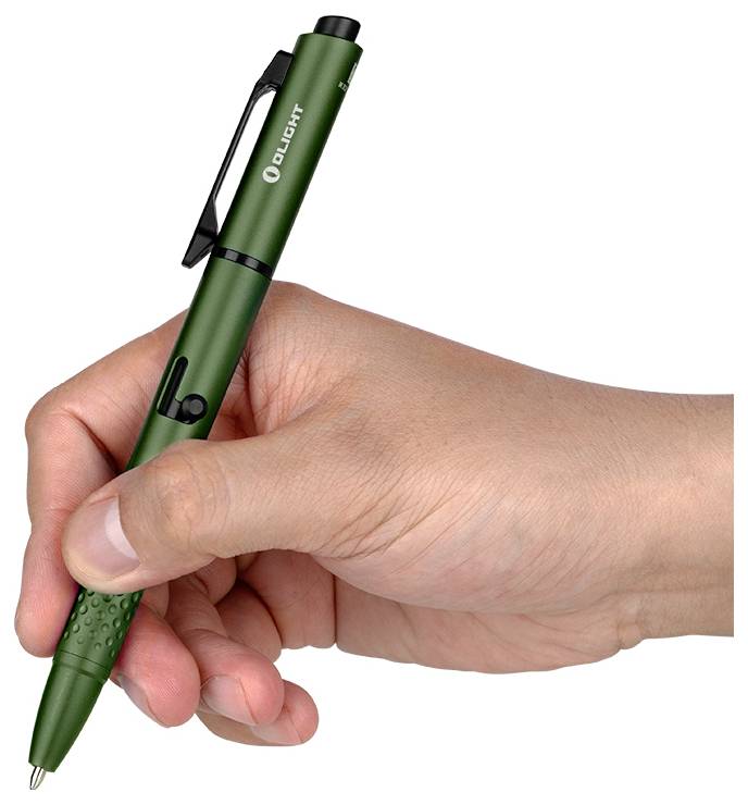Egy fekete Olight Pen Mini 2 toll klipsszel, kék akcentussal és látható belső alkatrészekkel fehér háttér előtt látható.