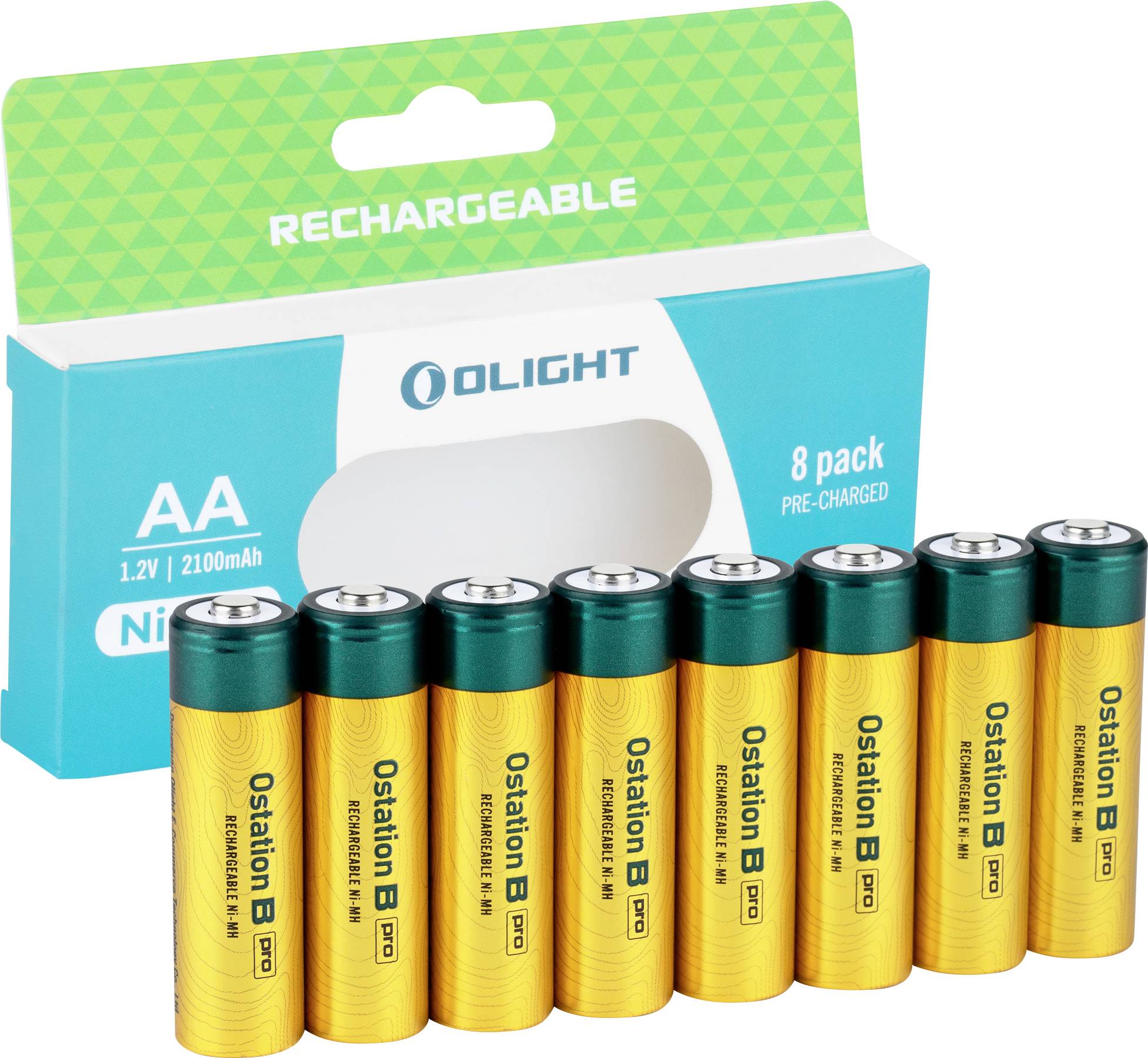 Nyolc Olight Ostation B Pro AA típusú újratölthető akkumulátor a csomagolásukkal együtt megjelenítve, mindegyik 1,2V feszültséget és 2100mAh kapacitást biztosít.
