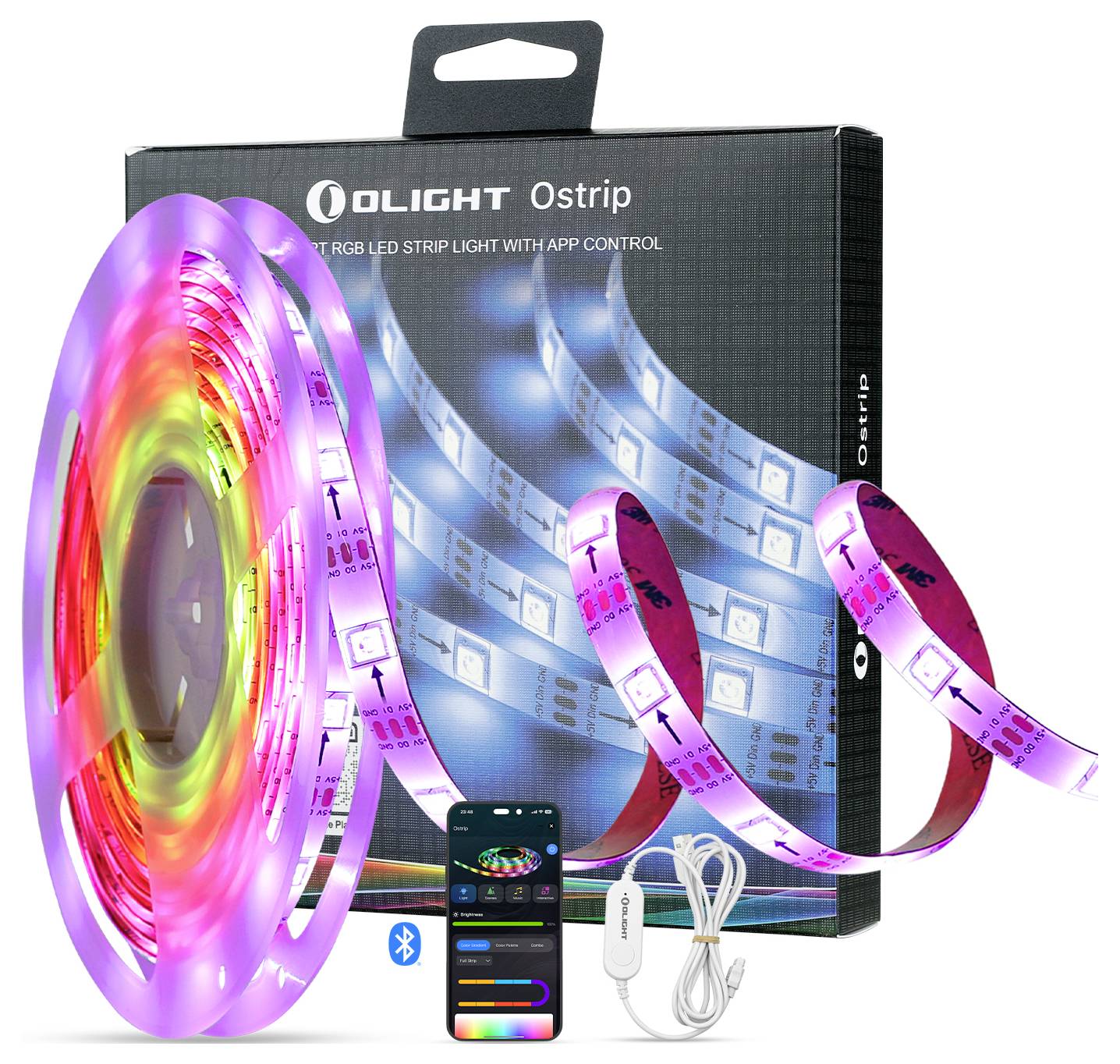 RGB LED szalagfény app-vezérléssel és Bluetooth-kapcsolattal, feltekercselve és különböző színekben világítva, csomagolással és távirányítóval.