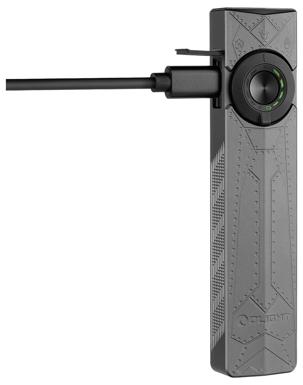 Egy téglalap alakú, szürke elektronikai eszköz, kerek gombbal és csatlakoztatott kábellel, zöld LED-kijelzőkkel.