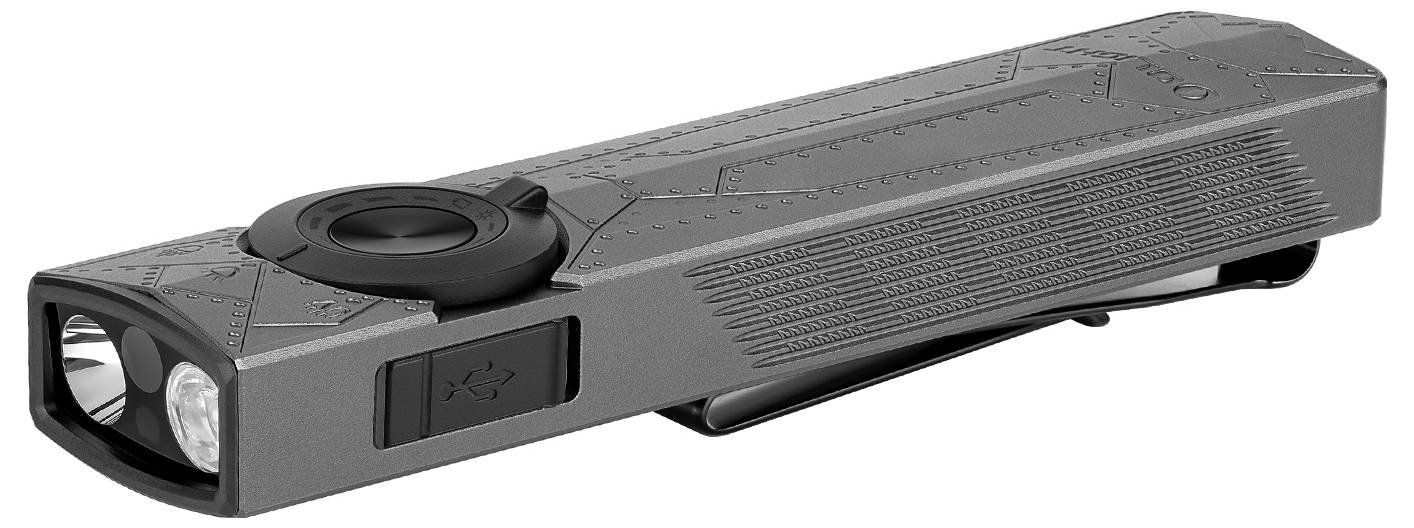 Egy téglalap alakú, szürke zseblampa textúrázott oldalakkal és egy kör alakú kapcsolóval a tetején, hordozható használatra tervezve.