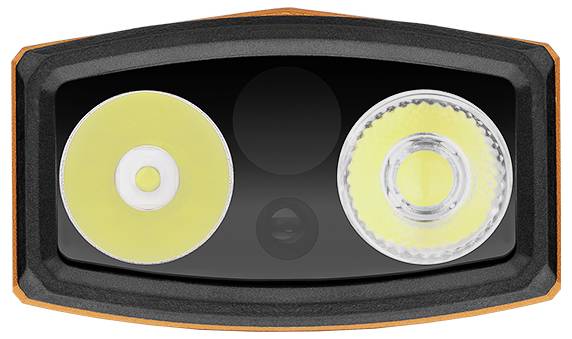 Két kör alakú LED lámpa, az egyik sima és az egyik textúrázott, fekete és narancssárga házban, elölnézetből.