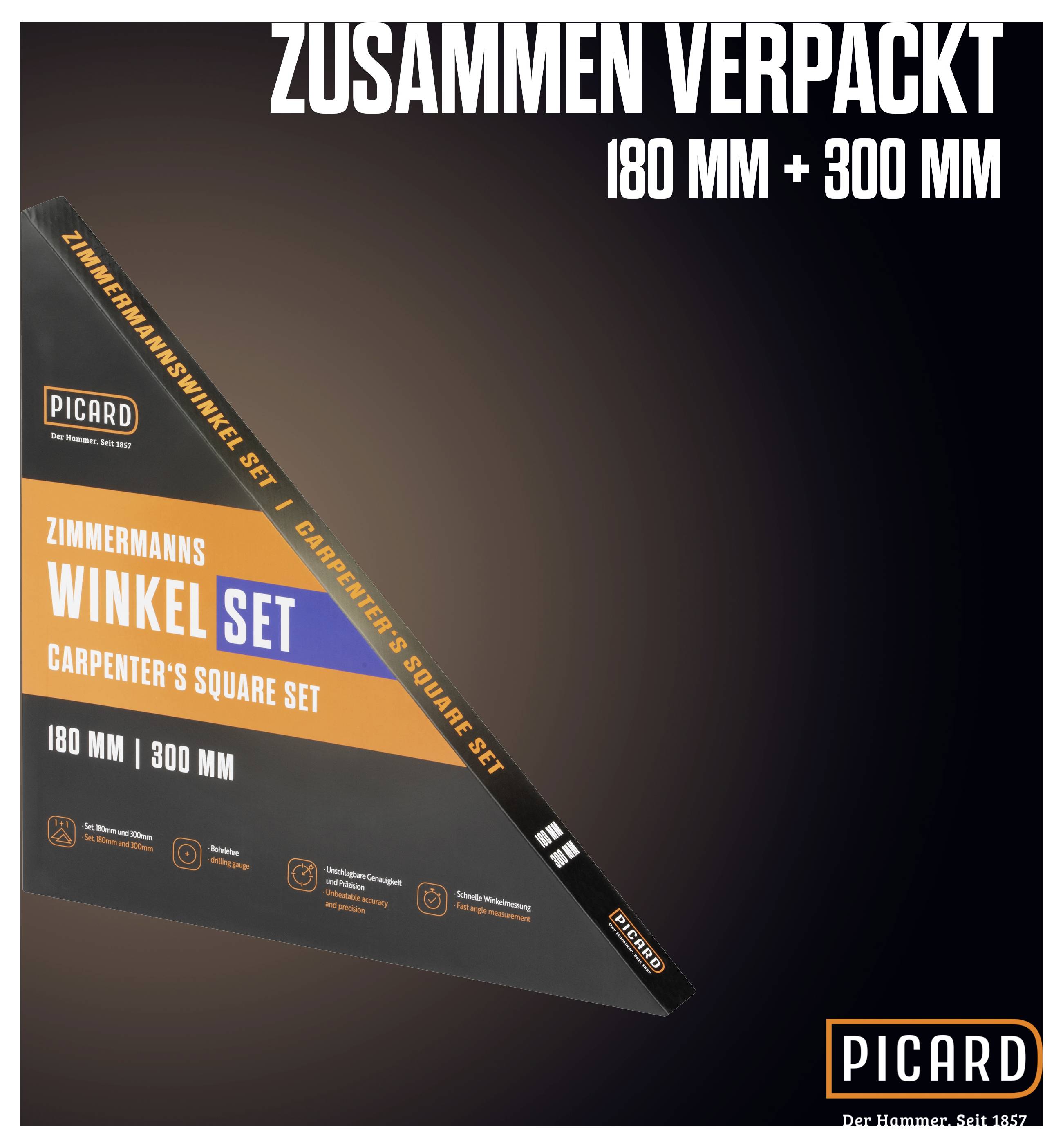 „Együtt csomagolva: 180 mm + 300 mm, Picard asztalos szögletes szettje" két szöget tartalmazó készletet mutat az asztalosmunkához.