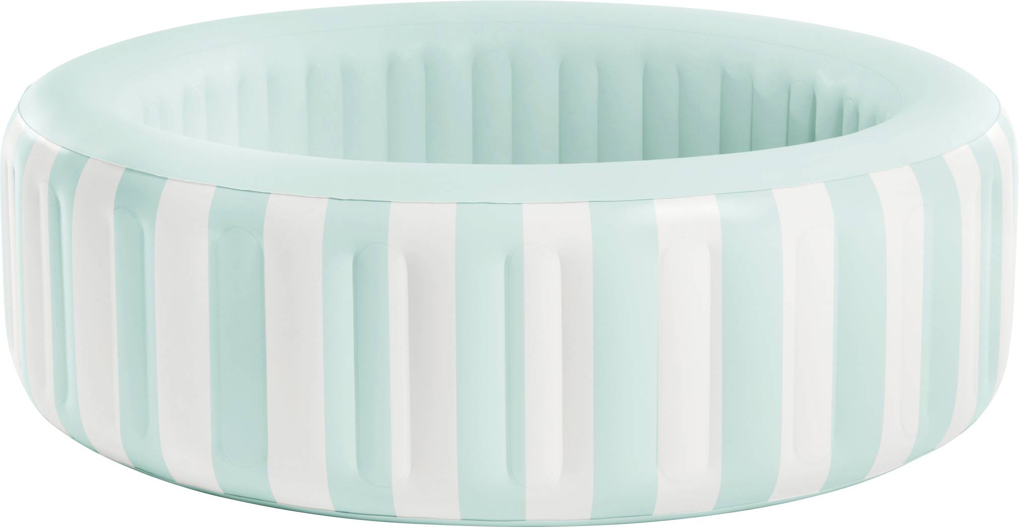 Világoskék felfújható kör alakú medence függőleges fehér csíkokkal, üres és egyenes helyzetben, kültéri használatra tervezve.