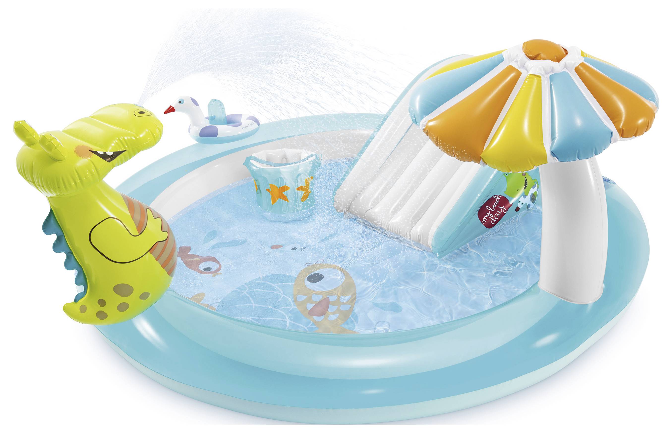 Felfújható gyermek medence egy kis csúszdával, permetezővel, sárkánylovaggal és felfújható esernyő szerkezettel, amely szórakoztató vízjátékokra lett tervezve.