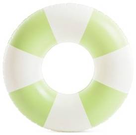 Egy zöld és fehér felfújható úszógumi váltakozó színsegmensekkel, amely személyes úszáshoz szükséges felhajtóerő-támogatásra van kialakítva vízben.