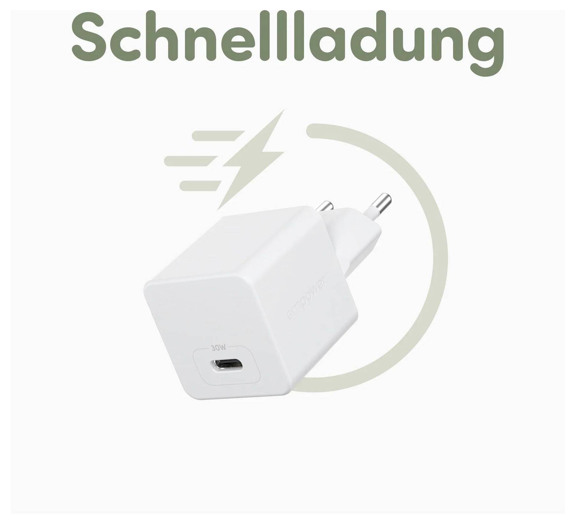Fehér USB-C fali töltő, amelyen a "Schnellladung" felirat és egy villám ikon látható, amely a gyors töltési képességre utal.