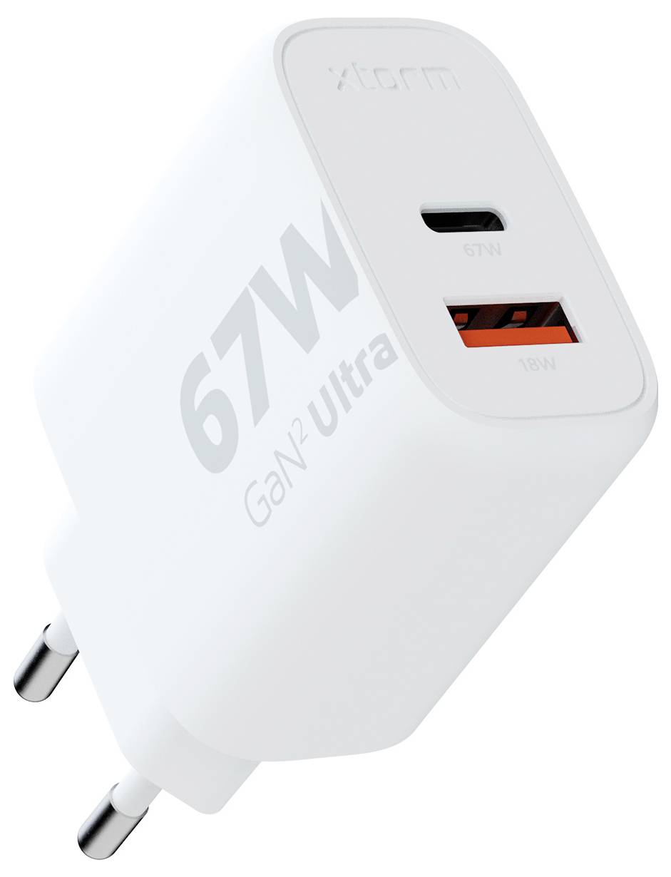 Fehér 67W GaN Ultra USB-C és USB-A töltő két porttal.
