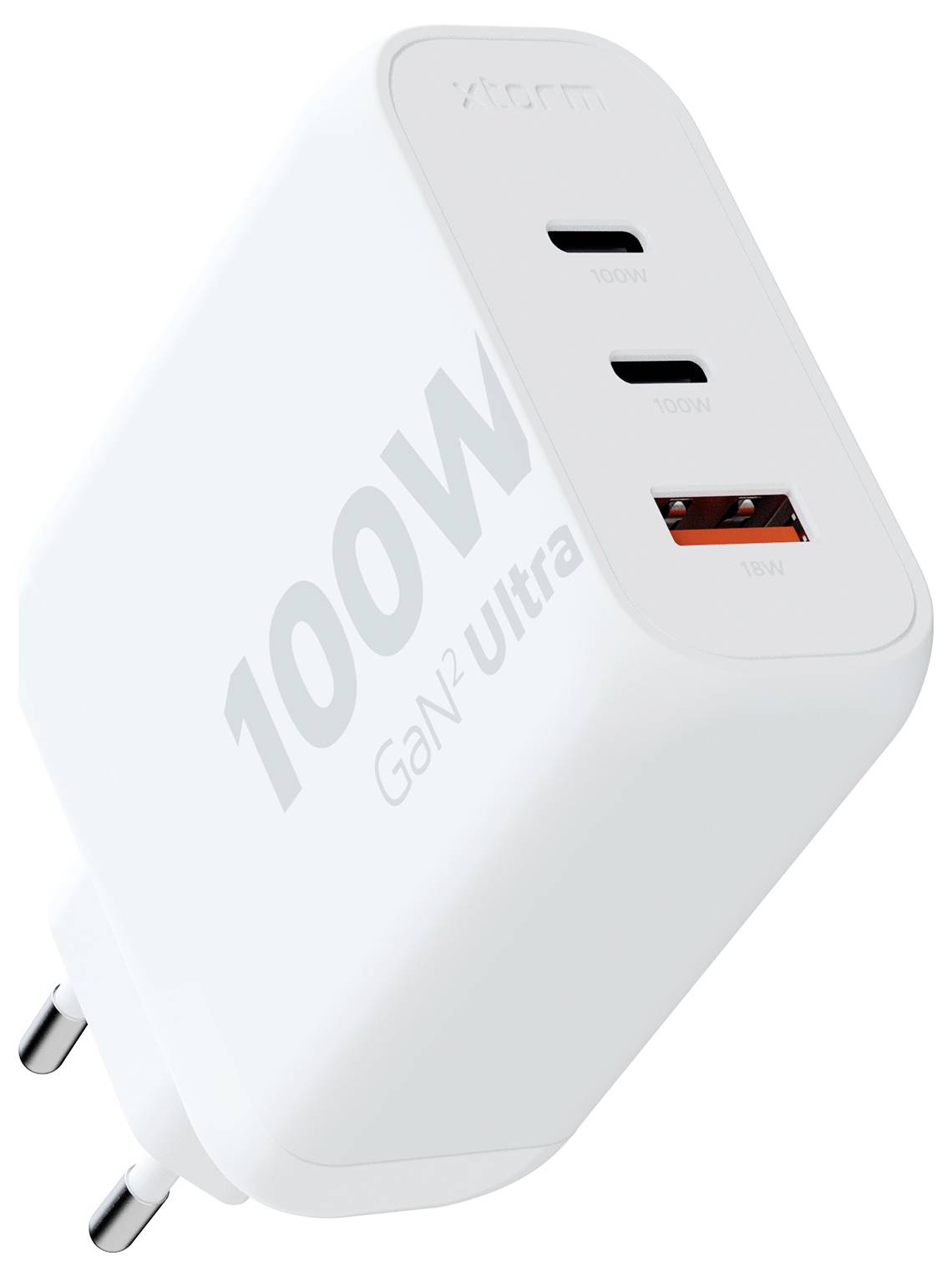 Egy fehér 100W GaN Ultra fali töltő két USB-C porttal és egy USB-A porttal, amely több eszköz egyidejű gyors töltésére lett tervezve.