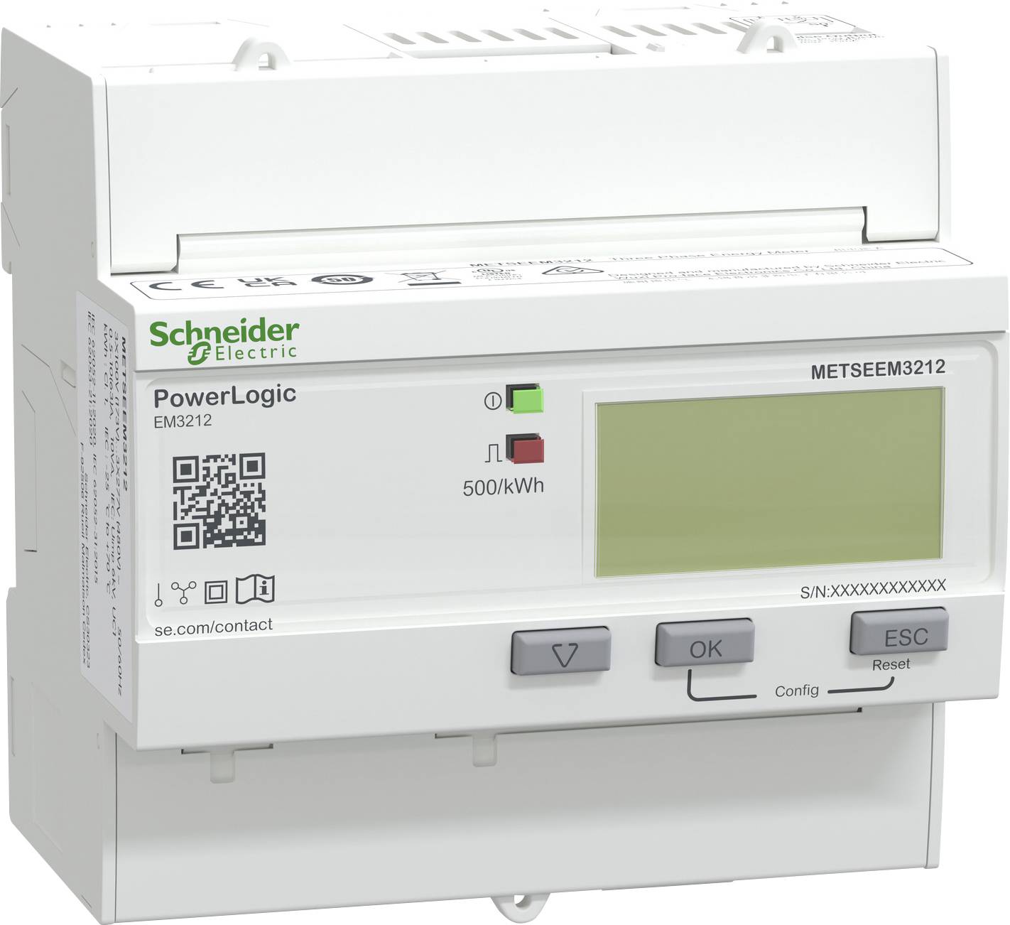 Elektronikus energiamérő kijelzővel, amely „500/kWh" értéket mutat, felfelé mutató nyíllal. A Schneider Electric „PowerLogic" terméke.
