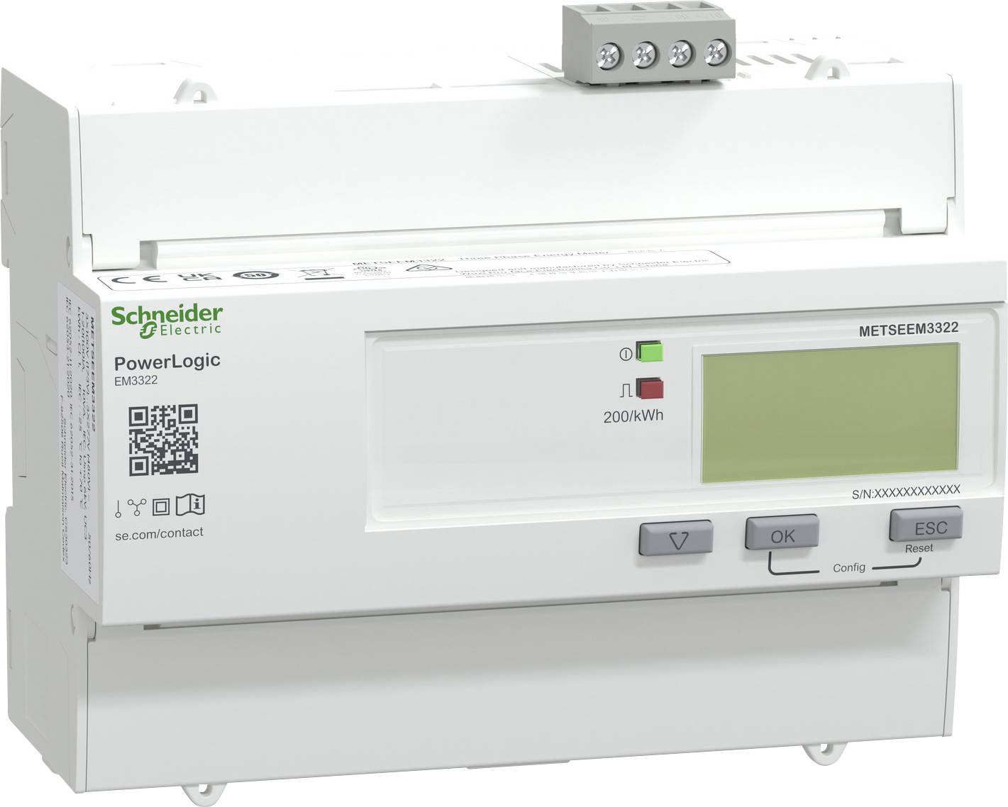 Villamos energia mérő „Schneider Electric PowerLogic EM3322" felirattal, digitális kijelzővel, működtetési gombokkal és QR-kóddal.