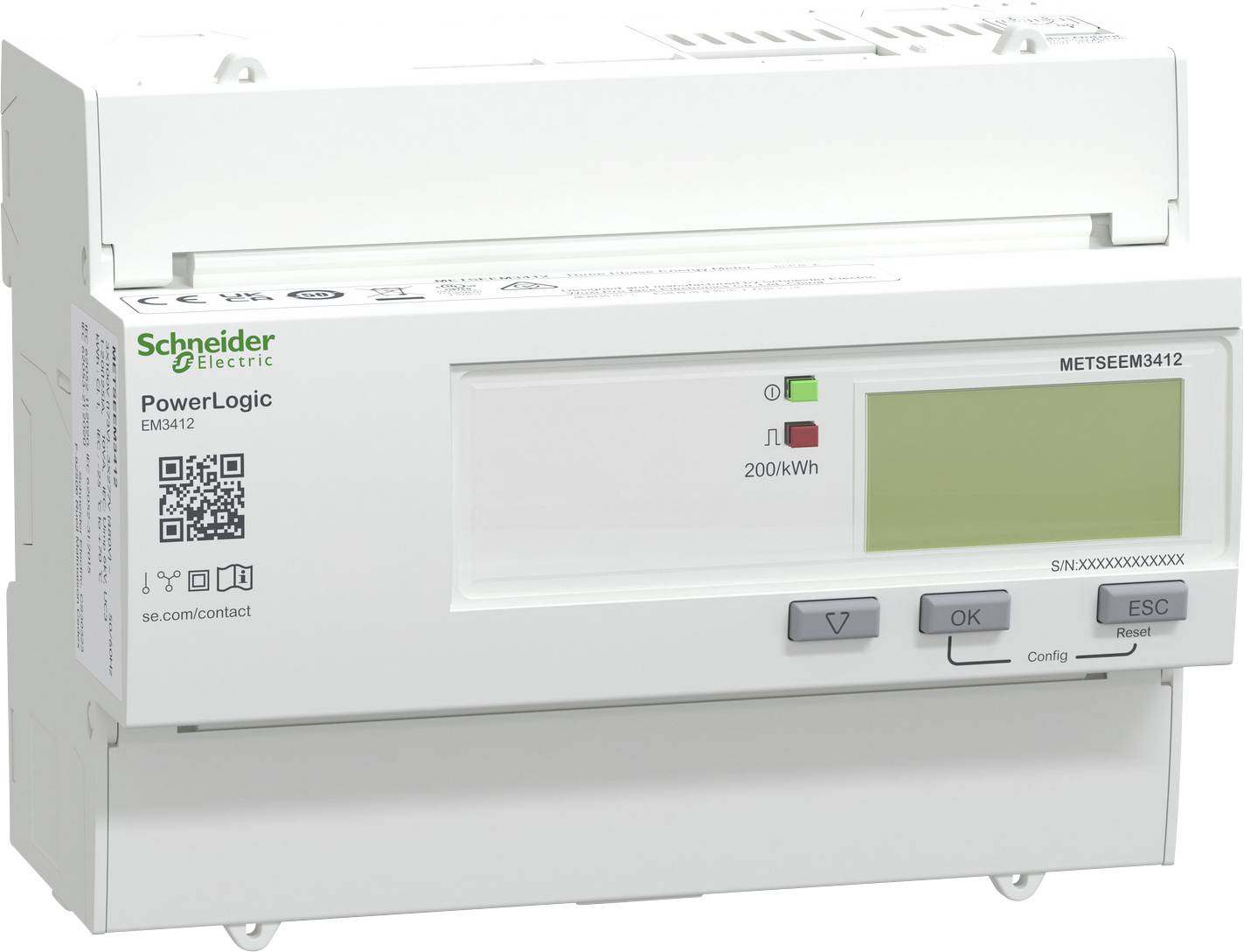 Egy digitális teljesítménymérő a Schneider Electric-től, amely a villamos energia fogyasztást kilowattórában jeleníti meg. Tartalmaz konfigurációs gombokat és egy QR-kódot.