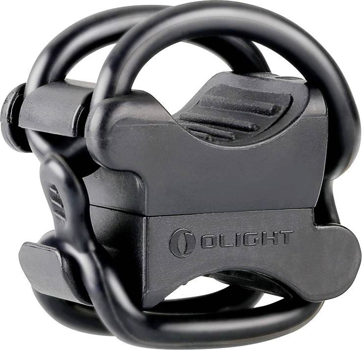 Egy kompakt fekete kerékpárlámpa-tartó az "OLIGHT" szóval a oldalára vésve, amelyet szilárdan rögzíteni lehet a kormányra.