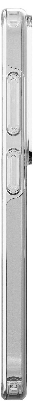 Átlátszó okostelefon-tok oldalnézete, amely a gombvédőket és az elegáns, karcsú kialakítást mutatja be.