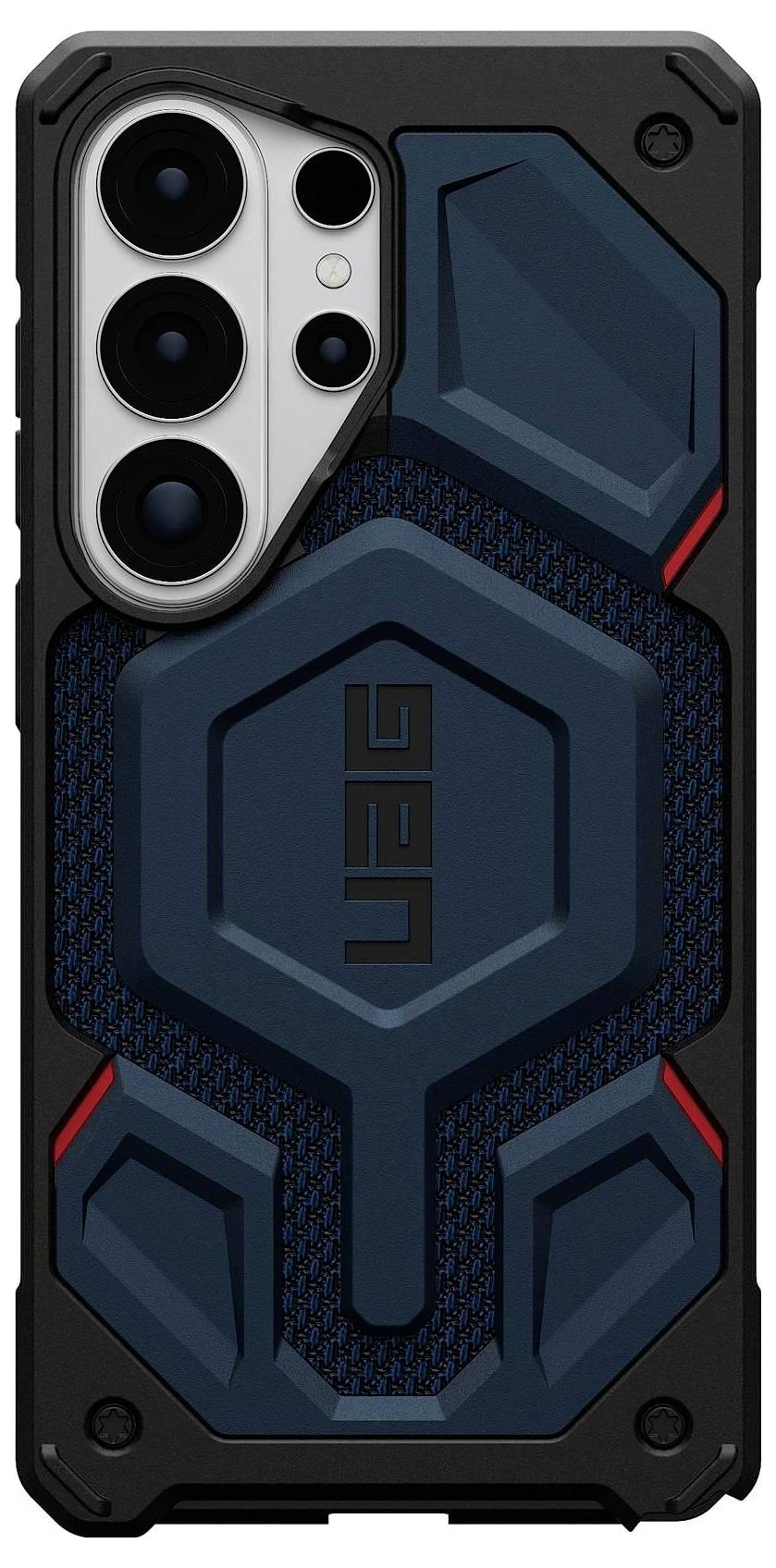 Egy megbízható telefonvédő tok hexagonális és geometrikus mintákkal, a "UAG" logóval ellátva, amelyet a telefon hátoldala védelme céljára terveztek.
