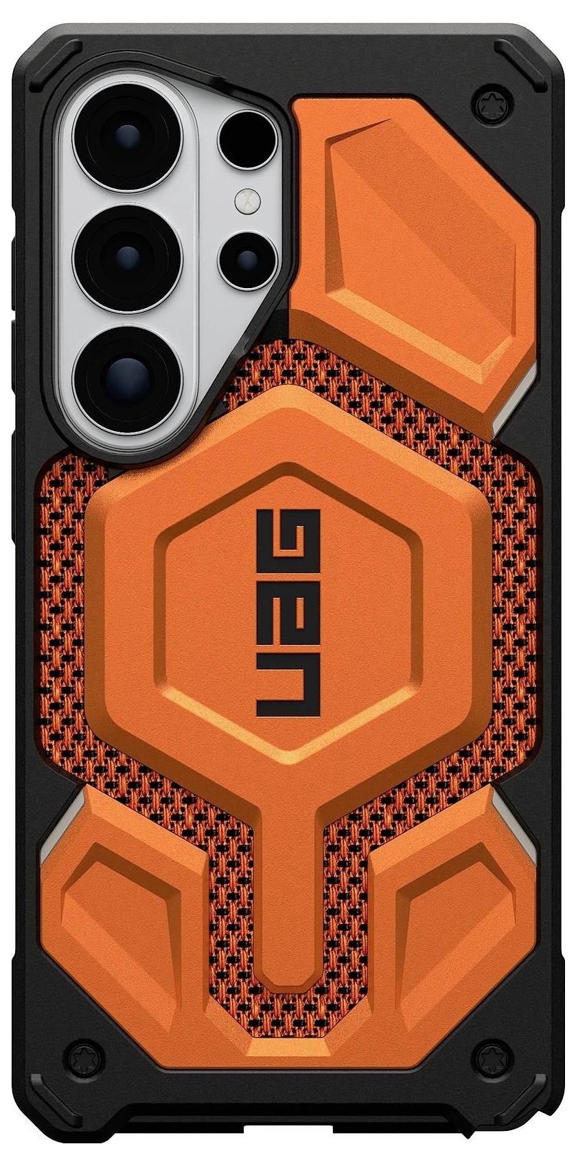 Két fekete okostelefon tok texturált terepszín mintával; az egyik a hátlapot mutatja a kameravágatással, a másik a belsejét.