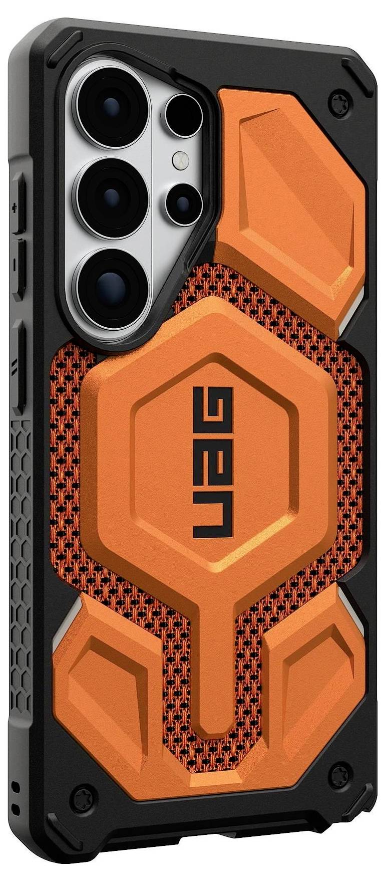 Fekete telefontok pontozott textúrájú felülettel és két nagy kameranyílással, könnyedén meghajlítva a védőképzésének kiemelésére.