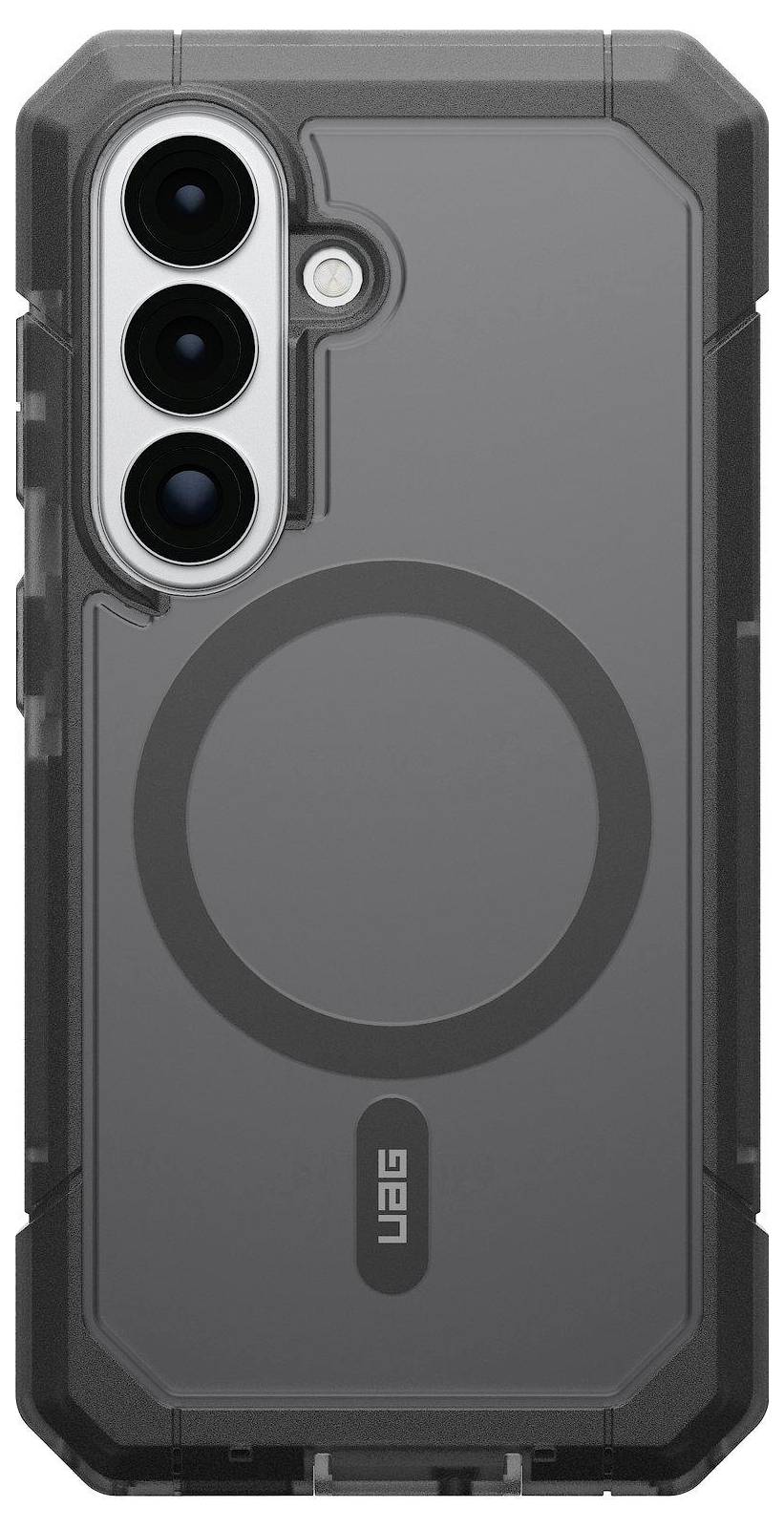 Erős telefonvédő tok pontozott textúrával és kör alakú MagSafe-igazítással mindkét oldalon, amely kettős rétegű védelmet és pontos kivágásokat mutat.