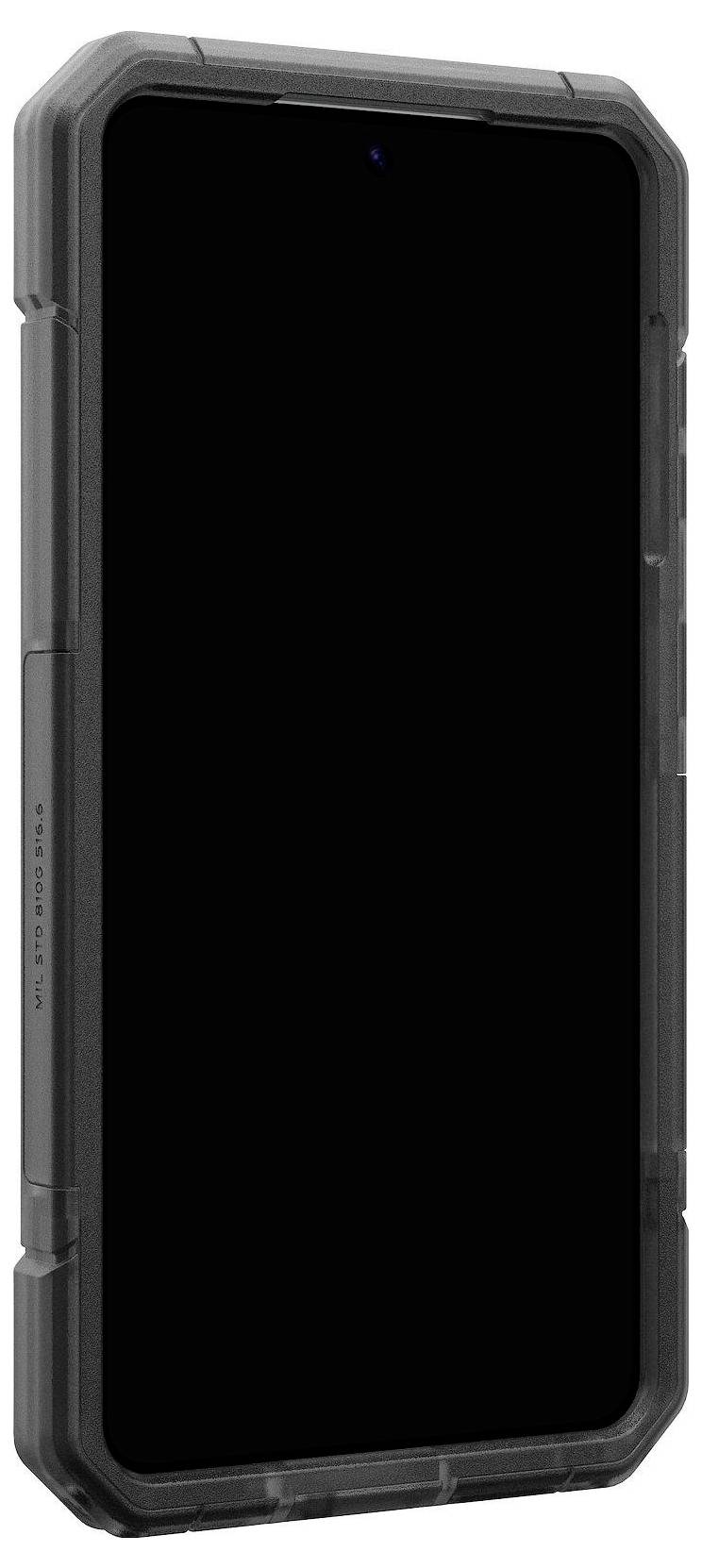 Egy okostelefon erős fekete védőtokkal, megerősített sarkokkal és textúrált markolattal, elölnézetből.