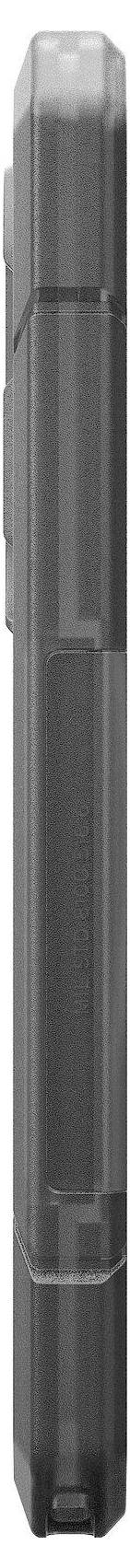 Egy karcsú, függőleges, fekete elektronikai eszköz oldalnézetből, amely a felső bal részben egy gombot mutat.