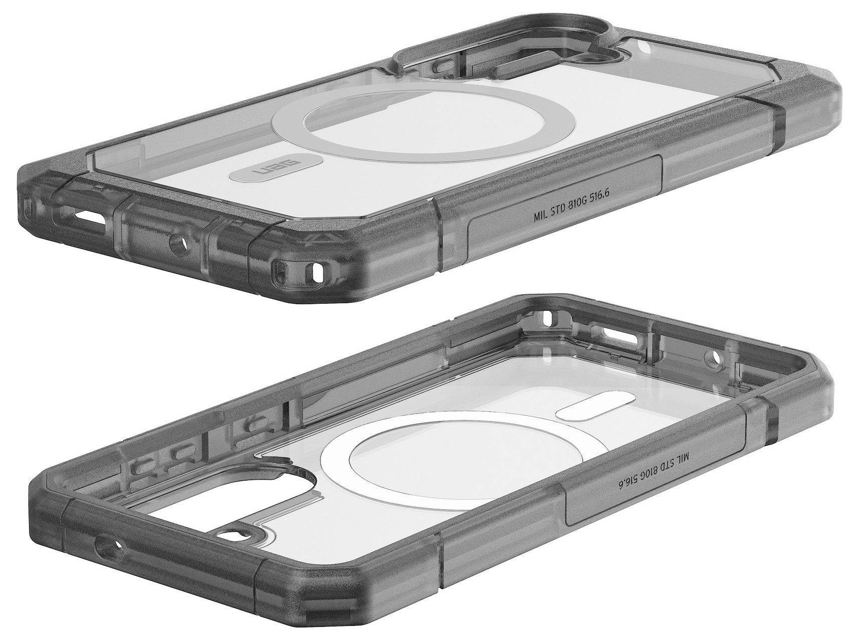 Egy tiszta, szilárd telefontokok erősített szélekkel és látható MagSafe gyűrűvel, amelyet a fokozott védelem és kompatibilitas céljára terveztek.