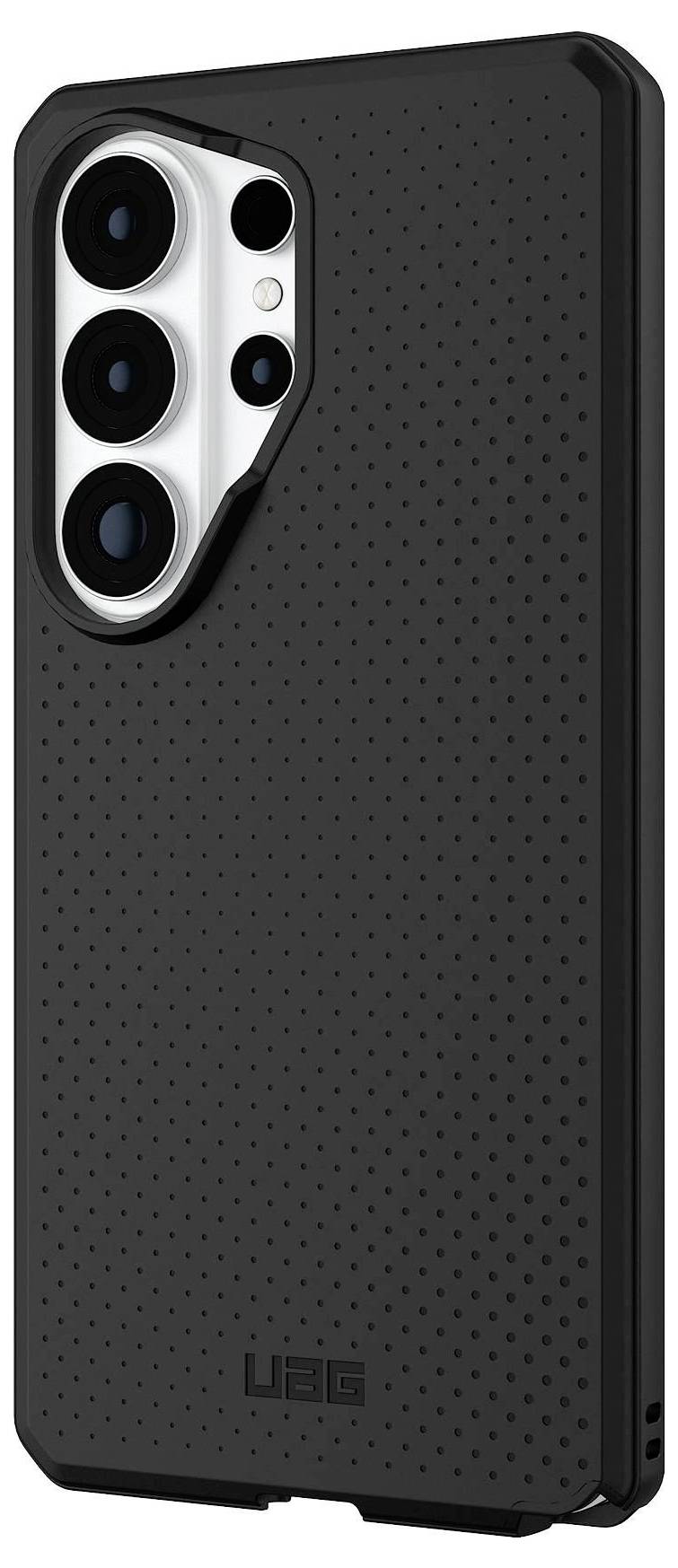 Fekete okostelefon tok perforált mintázattal és három kiálló kerek kameralencse a hátoldalon.