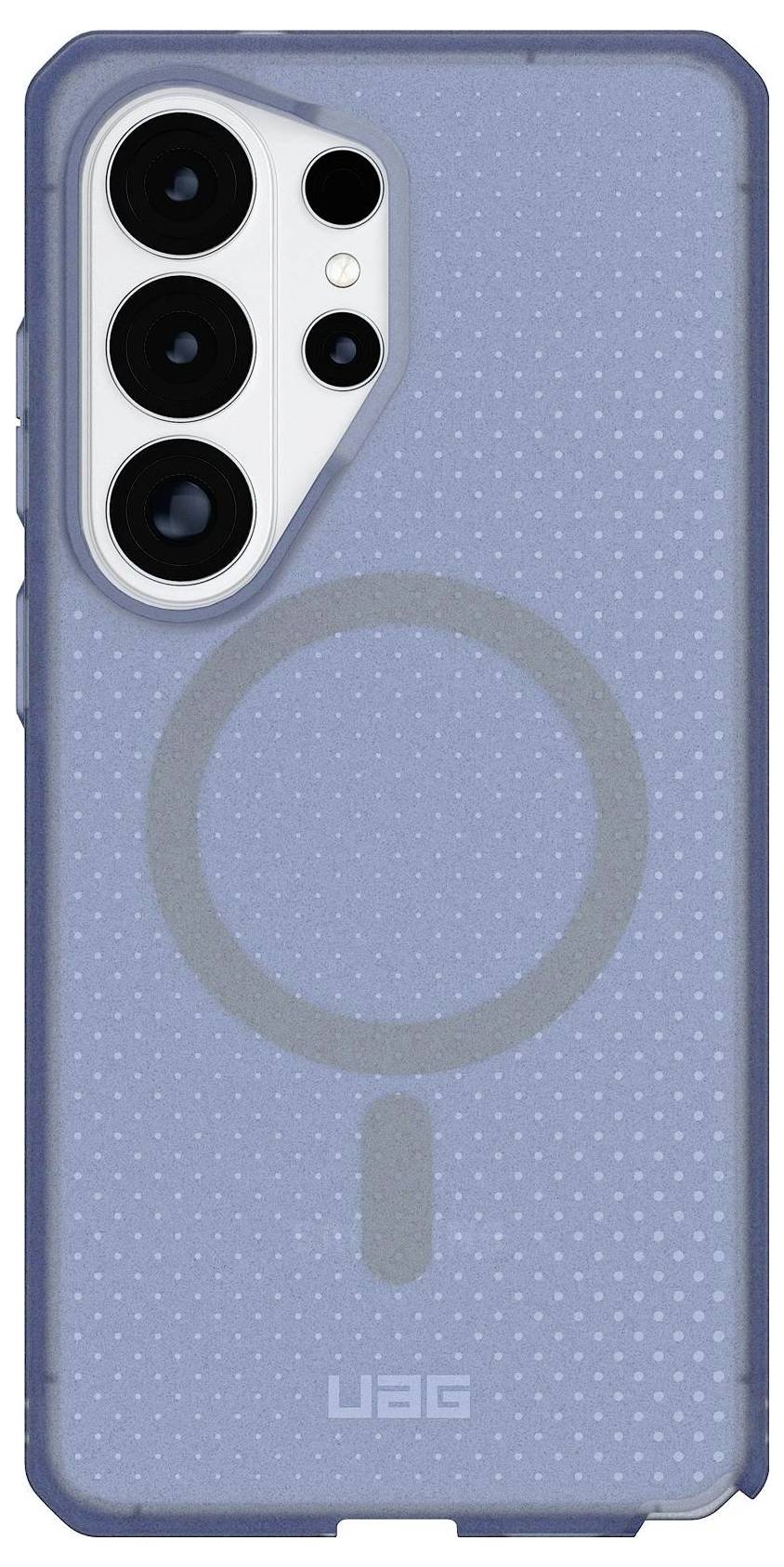 Kék védőtok telefon számára, nagy gyűrűs dizájnnal a közepén és az "UAG" betűkkel alul, három kamera kivágással.