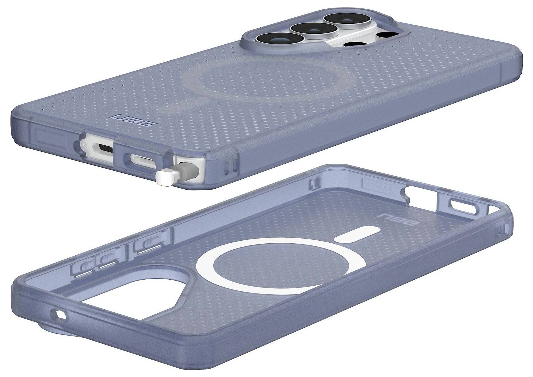 Két kék okostelefon tok MagSafe kompatibilitással, a kamera védelme érdekében tervezve, részletes kivágásokkal a gombokhoz és portokhoz.