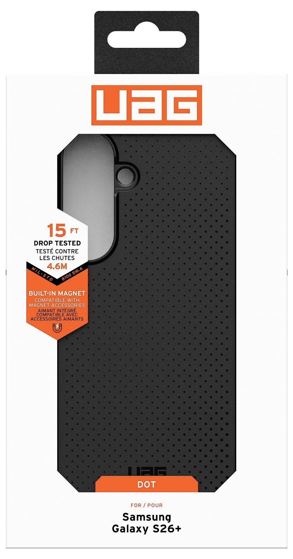 Samsung Galaxy S26+ tok csomagolásban, 15 láb magas esésből nyújtott védelemmel és beépített mágnessel, UAG márkázással.