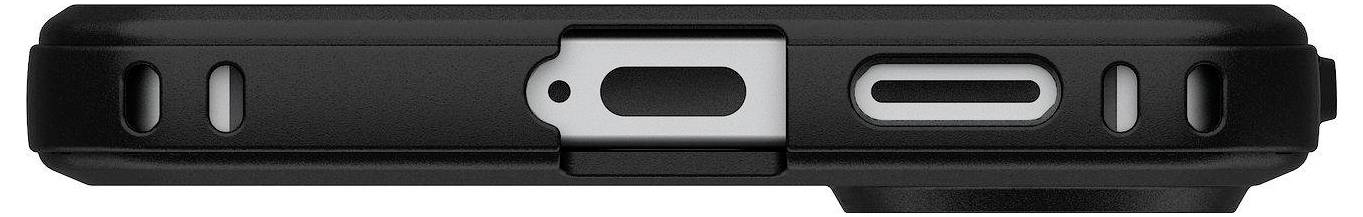 Fekete okostelefon tok felülnézeti képe, amely mutatja a töltőport, a hangszóró és a mikrofon nyílásait, kiemelve a védelmet és a hozzáférést.