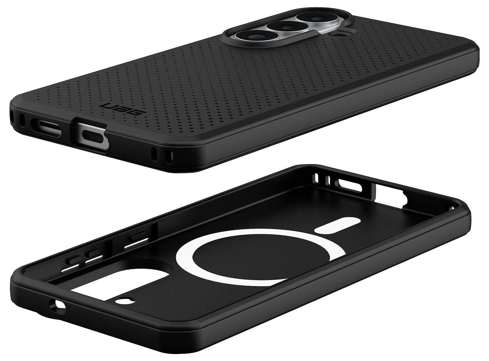 "Két fekete telefontokok." A felső tok kamera kkivágással és lyukakkal rendelkezik, míg az alsó tok látható belső körkörös mintát mutat.