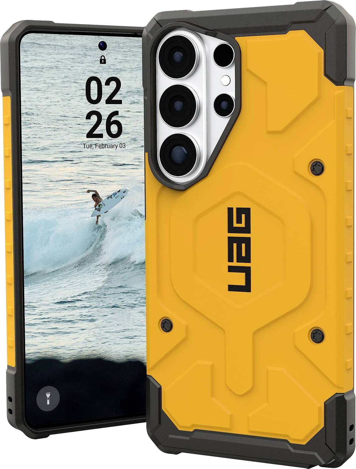 Egy masszív narancssárga és fekete telefontok egy okostelefont borít, amelynek kijelzőjén egy szörfös hullámot lovagol, és az idő "02:26" látható.