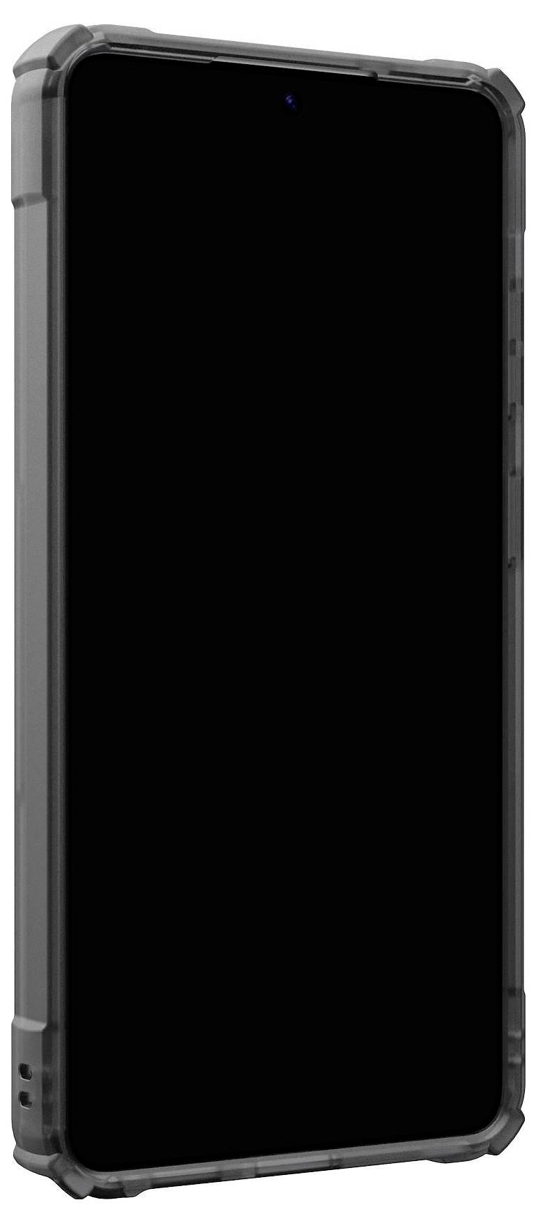 Egy sötét képernyőjű okostelefon, masszív védőtokkal, elölnézetből.