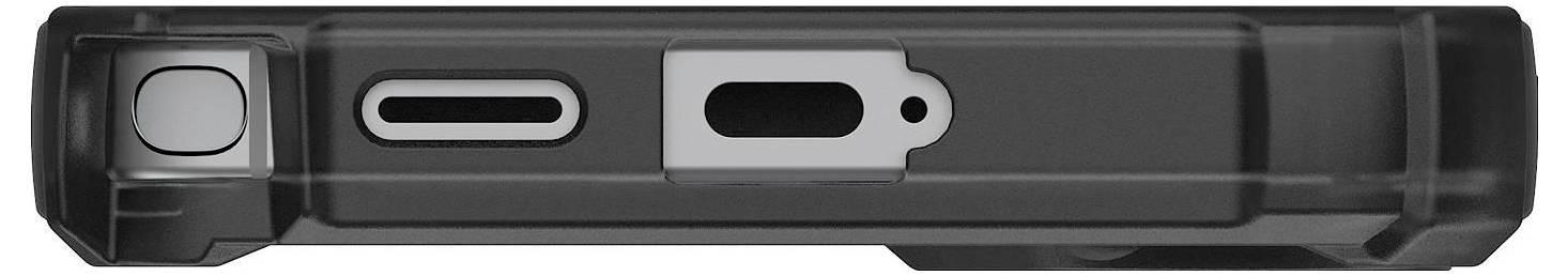 Egy fekete tokkal rendelkező okostelefon, amely a hármas hátsó kamerarendszerre összpontosít, bemutatva az elegáns dizájnt és a fejlett fényképezési funkciókat.