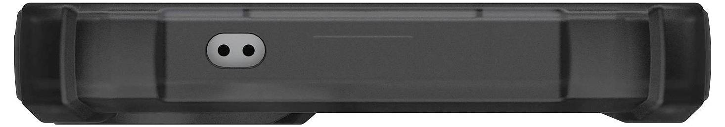 Egy téglalap alakú fekete doboz a homlokzaton lévő kicsi kétlyukú csatlakozóval, valószínűleg egy elektronikus eszköz vagy külső tárolódoboz.