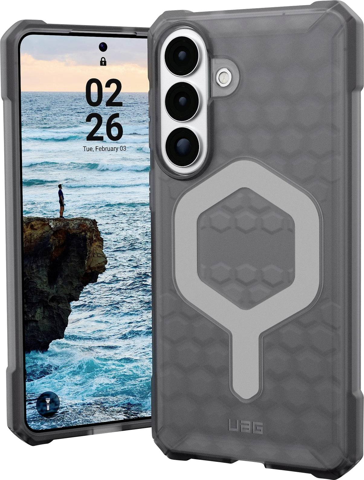 Egy masszív okostelefon tok hatszögletű mintázattal és beépített állvánnyal; mellette a telefon egy tengeri tájképet ábrázoló háttérképet jelenít meg.