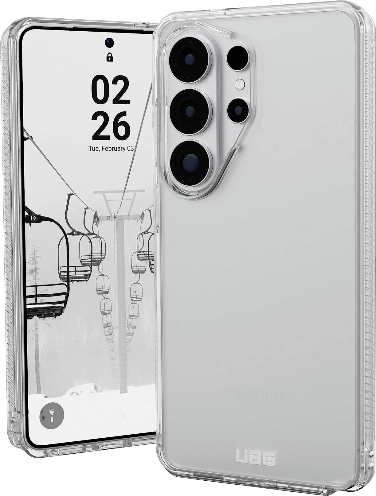 Egy átlátszó telefontok megvéd egy okostelefont, amelynek kijelzőjén egy havas jelenet látható sífelvonó székekkel.