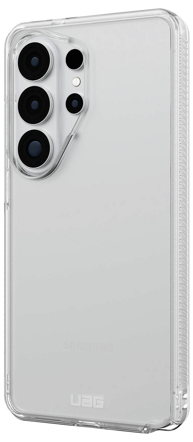 Egy átlátszó telefontok megerősített szélekkel egy okostelefonhoz, amelynek a hátulján több kameralencse található.