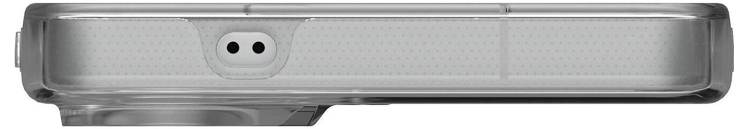 A kép egy elegáns, átlátszó telefontok felülnézeti képét mutatja, amely kettős kameranagylításnyílással rendelkezik, és telefonvédelemre készült.