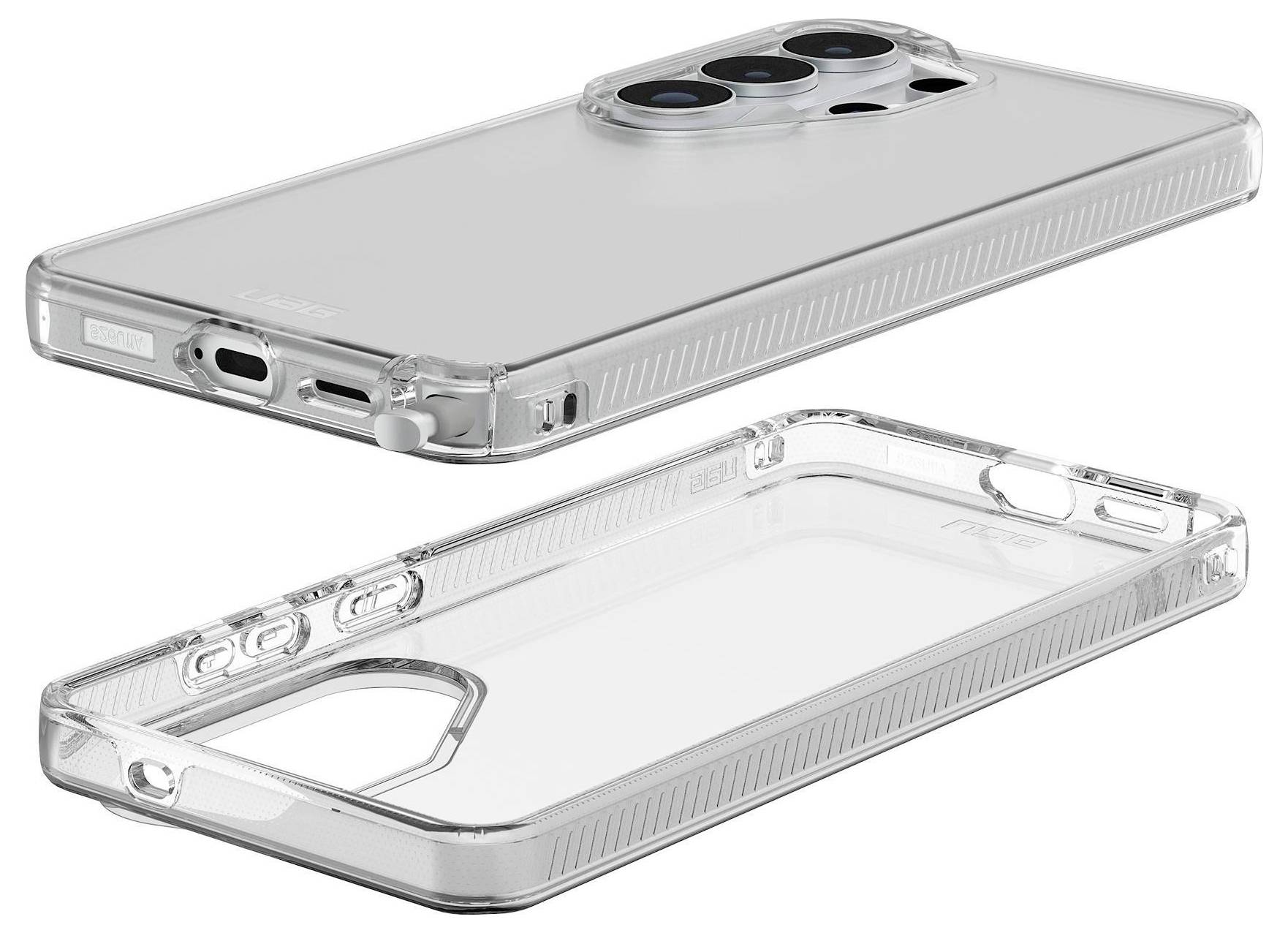 Átlátszó okostelefon tokok precíz kivágásokkal a kamerához, portokhoz és gombokhoz; strukturált oldalak javítják a fogást; egy adott modellhez tervezve.