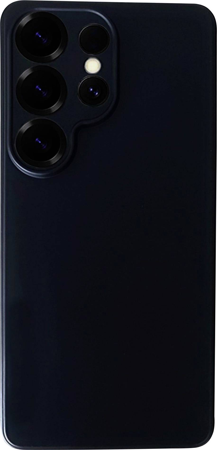 Egy fekete hátlappal rendelkező okostelefon, amelynek felső részében egy kiemelkedő kameramodul található négy lencsével és egy vakuval.