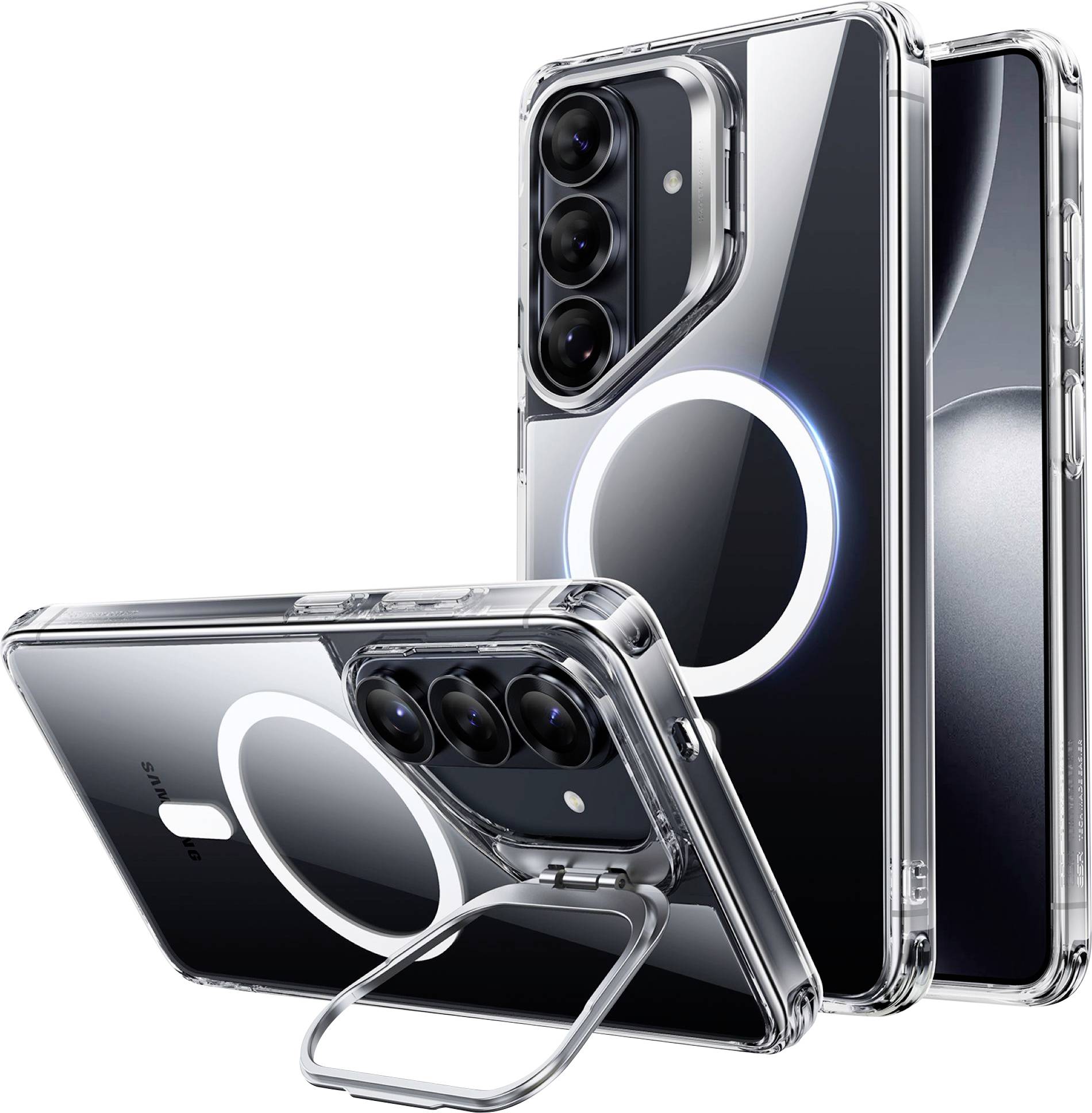 Két okostelefon átlátszó tokkal, az egyik kiterjesztett gyűrűtartóval állva. A telefonok a bal oldali hátsó oldalon egy kameratömböt jelenítenek meg.