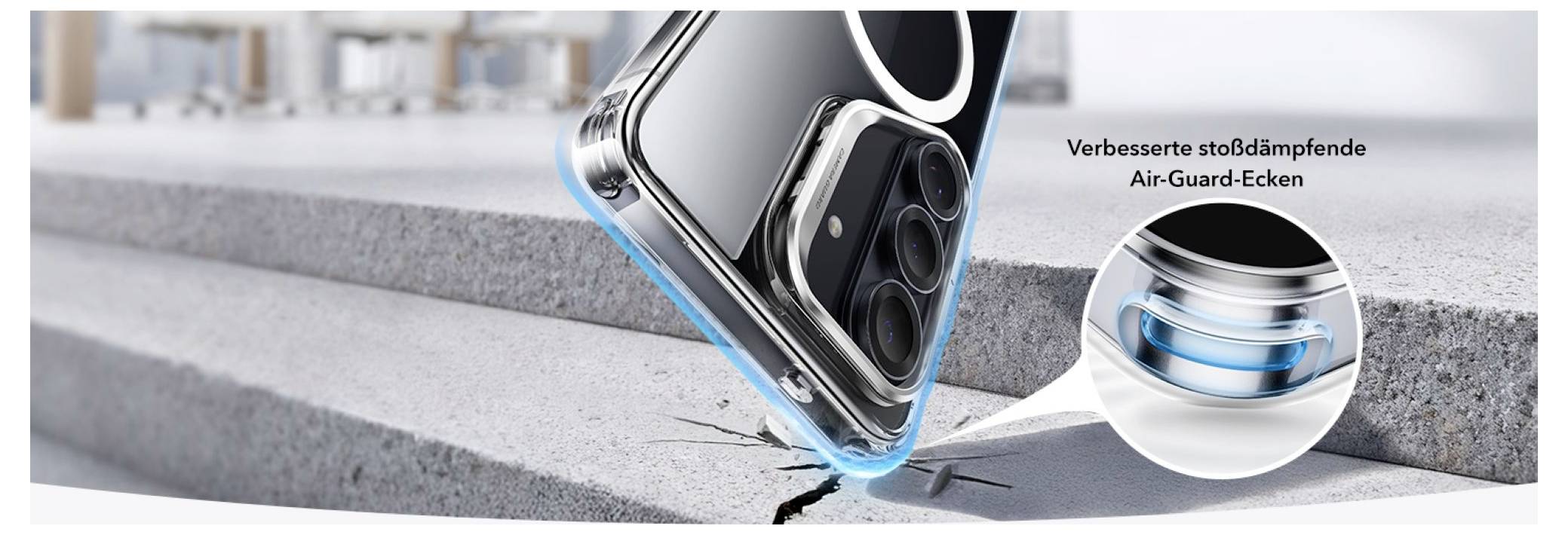 Átlátszó védőtokkal rendelkező telefon betonra esik, a ütéselnyelő sarkok nagyítása. Szöveg: „Továbbfejlesztett ütéselnyelő Air-Guard-sarkok".