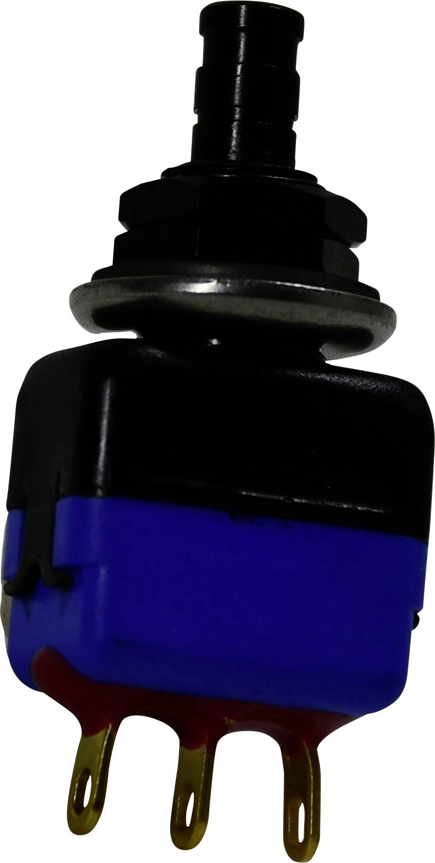 Egy kék és fekete billenőkapcsoló három arany tüskével fehér háttér előtt látható.