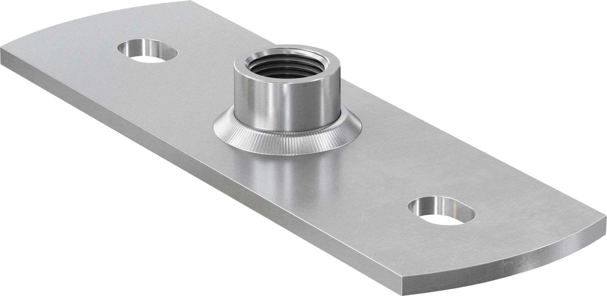 Fém szerelőlemez három furattal: egy menetezett középső furat csavarokhoz vagy rögzítőelemekhez, valamint két hosszúkás furat felületi rögzítéshez.