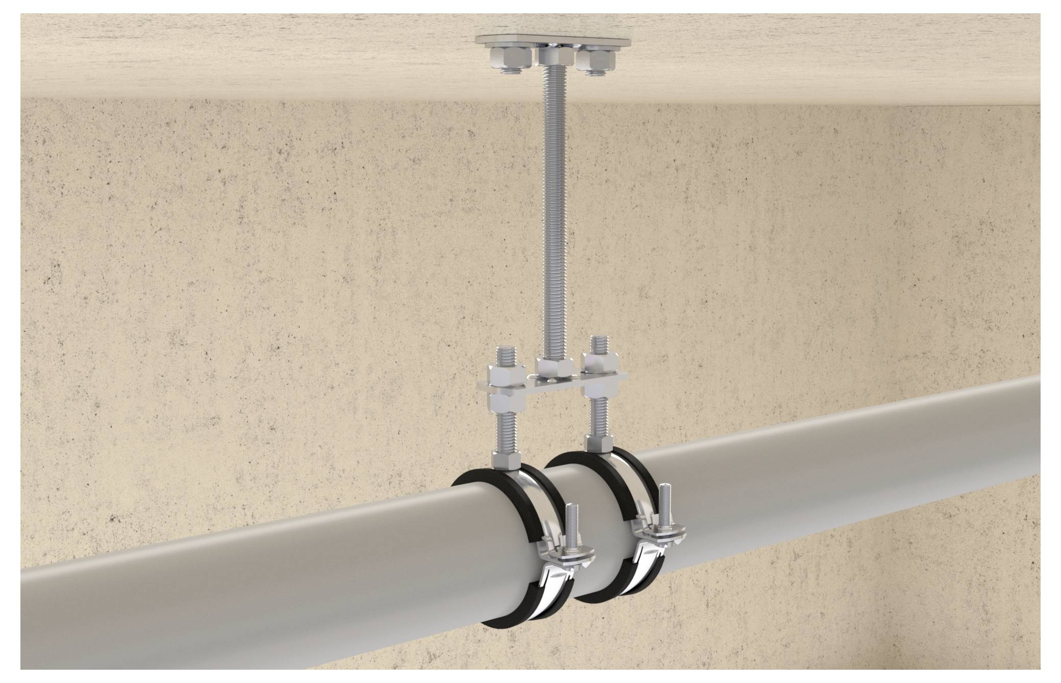 Egy vízszintes cső a mennyezetre erősítve két fémkapoccsal, amelyek rudakkal és csavarokkal vannak összekapcsolva, bézs háttér ellen.