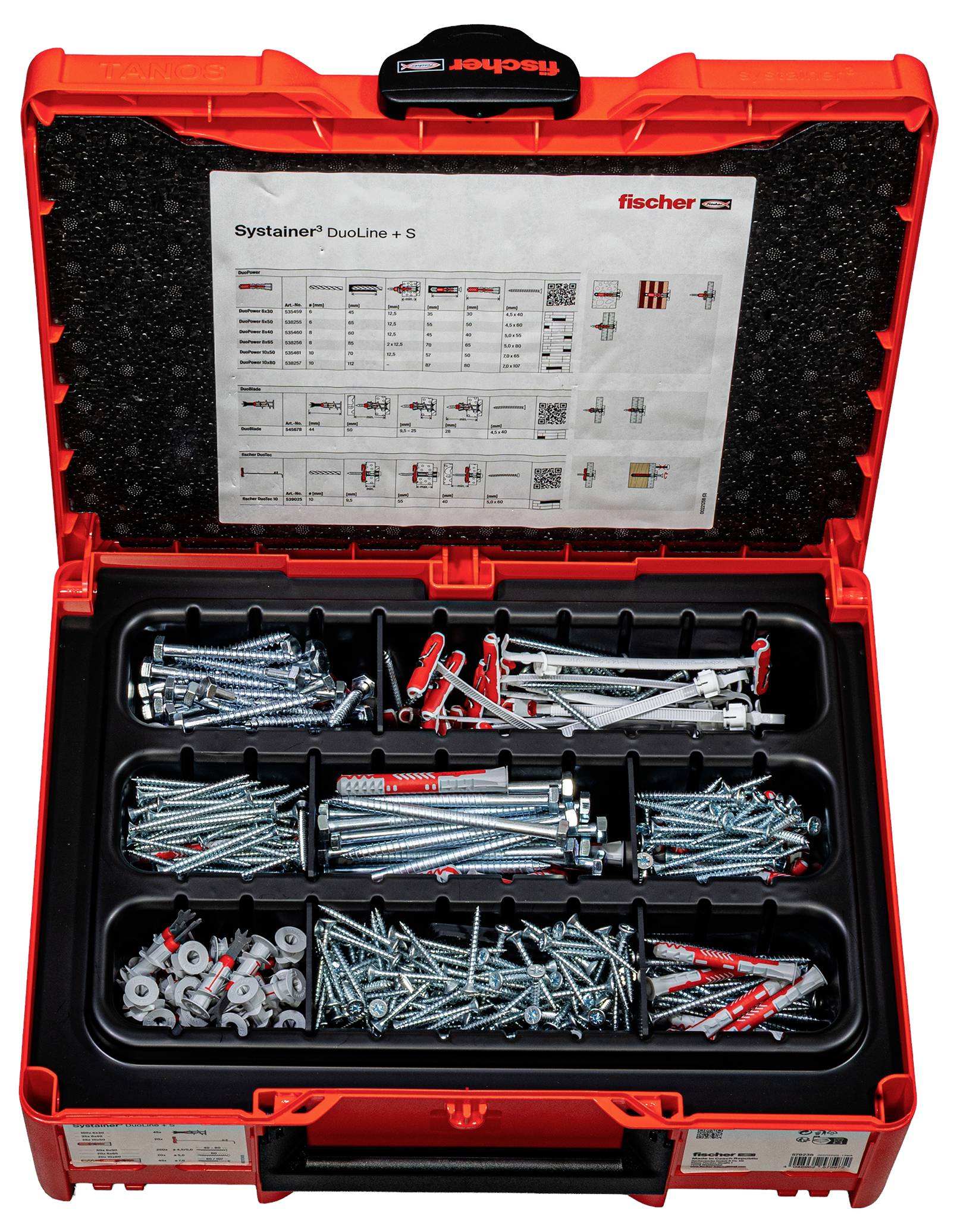 Egy piros szerszámosdoboz különféle csavarokkal és dűbelekkel, rekeszekben szervezve, a belső fedélen egy útmutatási diagrammal.