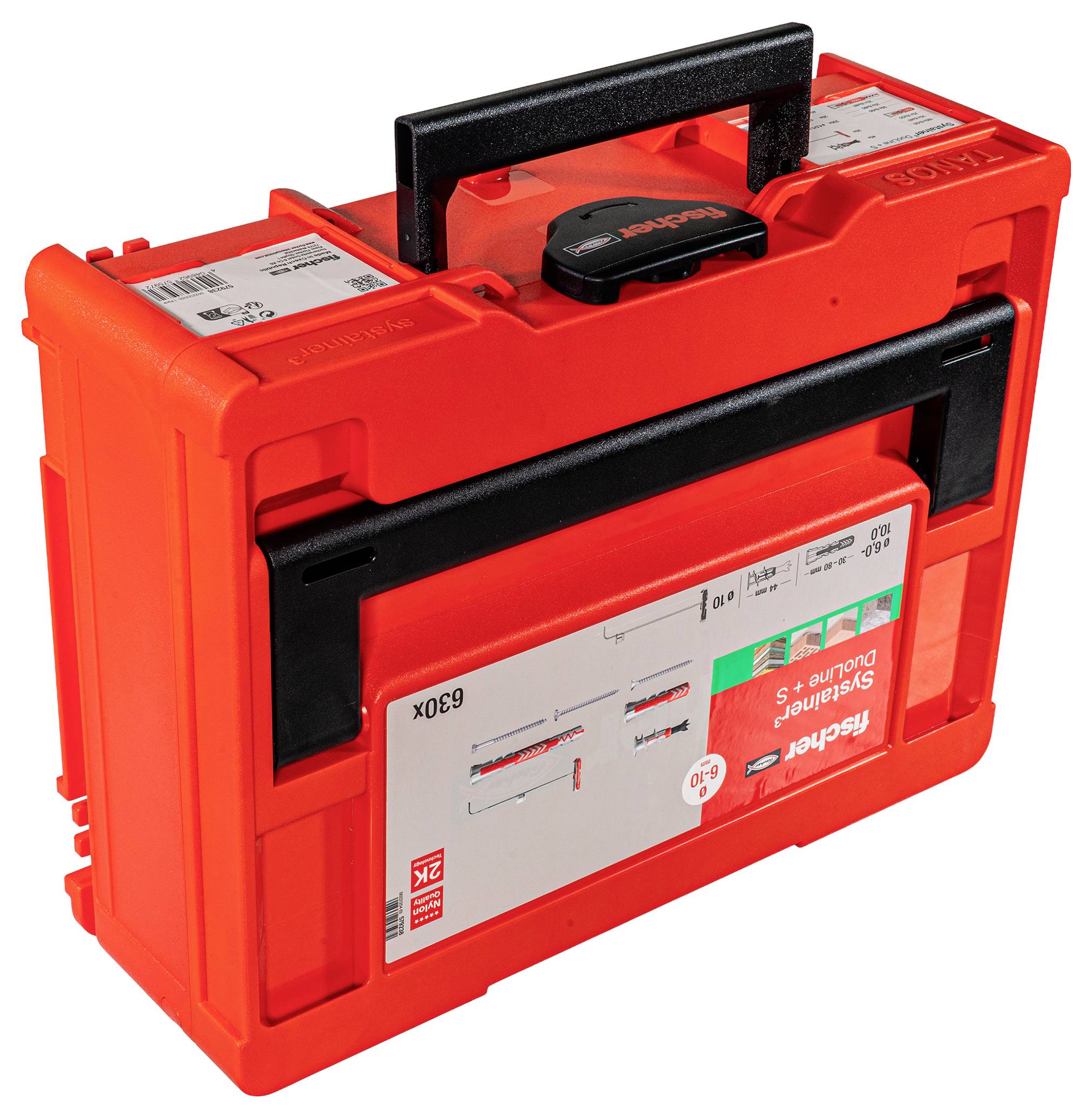 Egy piros szerszámtáska fekete fogantyúval, amelyen a „Fischer" felirat látható, szögek és dübel illusztrációjával, valamint az oldalsó modellleírásokkal.